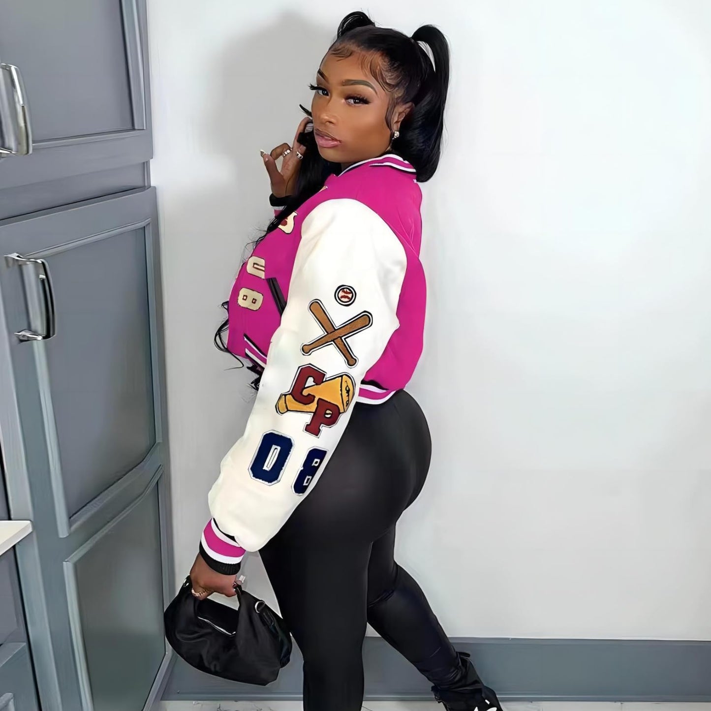 Glitrandi Varsity Jacket for Women Jacket with Patches Cropped Bomber Leather Jacket Woman Winter Spring 2025 S-XXL