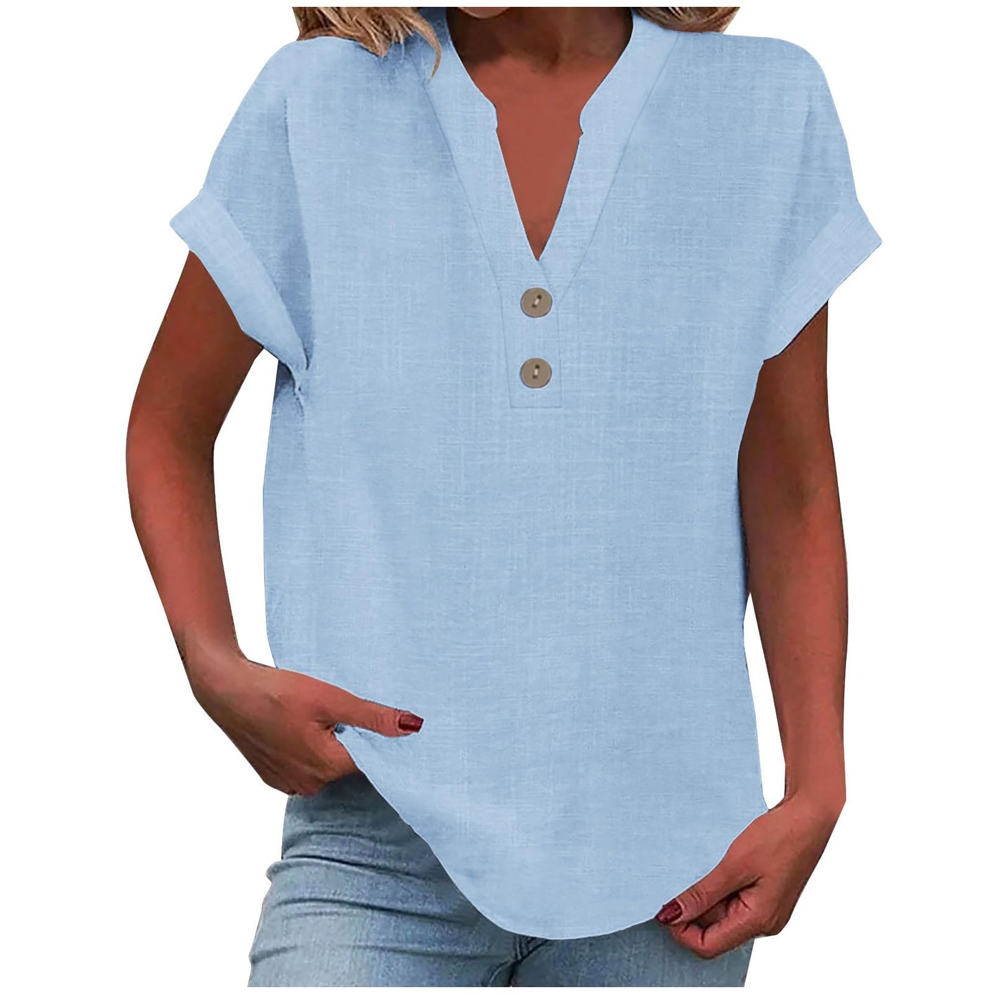 Big Spring Deals Summer Tops for Women 2025 Trendy Short Sleeve Cotton Linen Shirt Casual Button v Neck Tunic Blouses Outfits White Travel Shirts for Women M