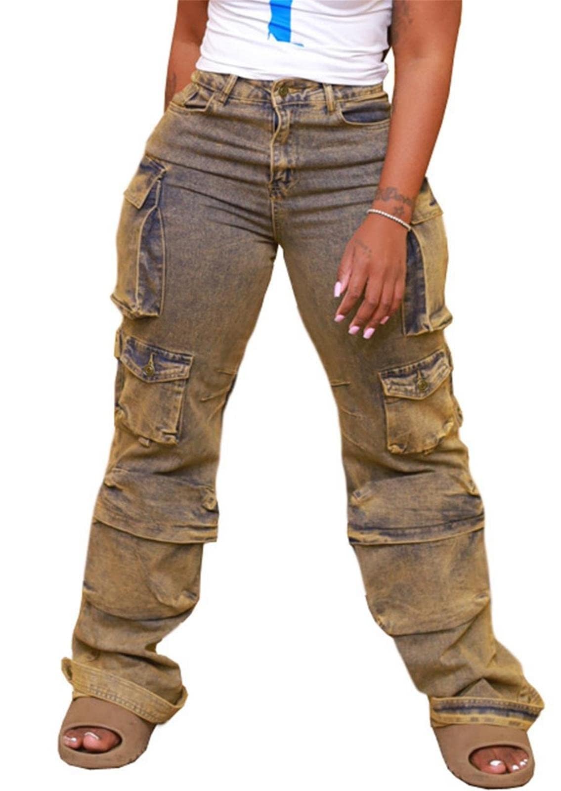 Women's Cargo Pants Y2K High Waist Baggy Jeans Flap Pocket Straight Leg Denim Pants Streetwear