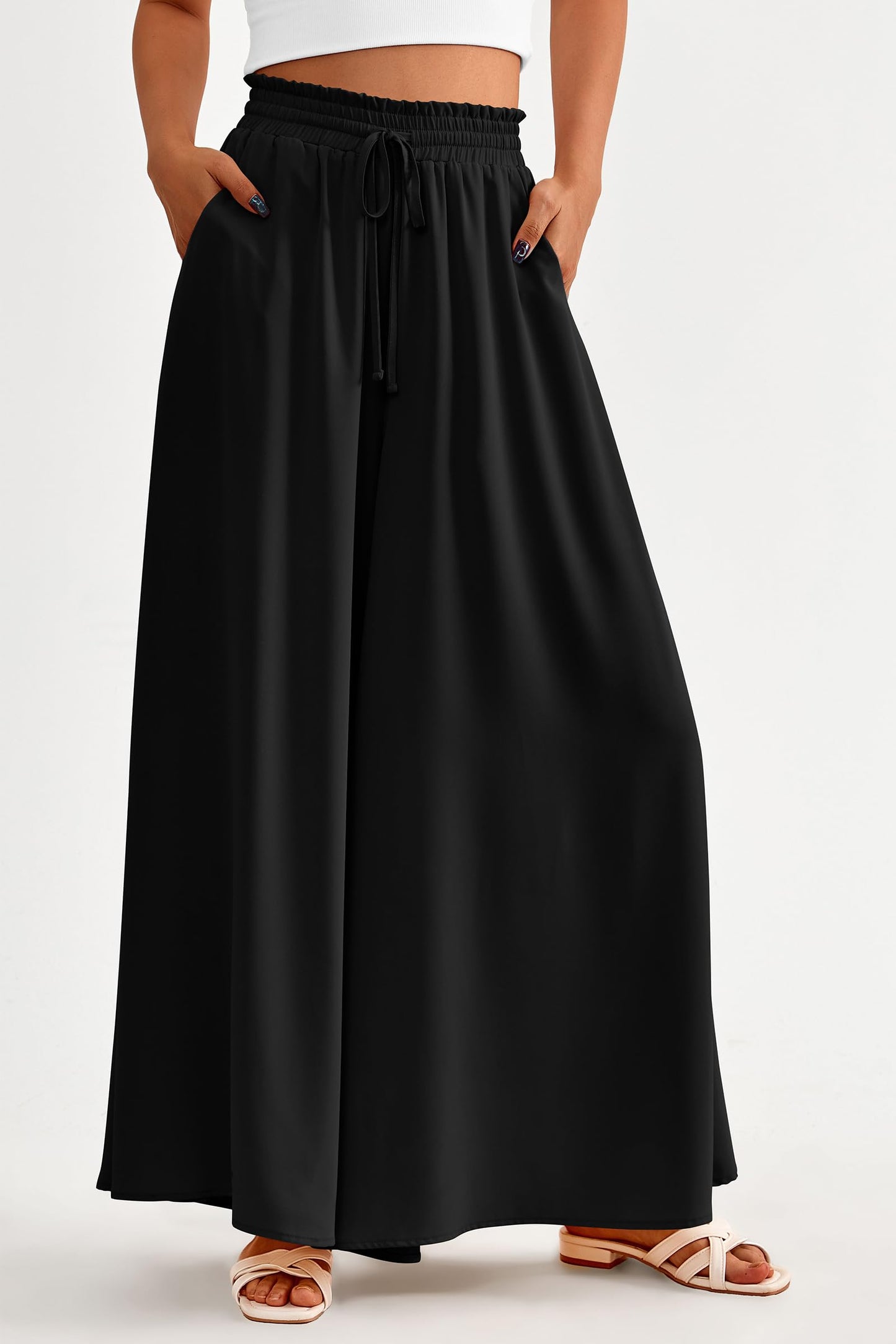 PRETTYGARDEN Women's 2025 Summer Wide Leg Palazzo Pants High Waisted Flowy Pockets Trendy Casual Lounge Boho Beach Trousers (Print Black,Small)