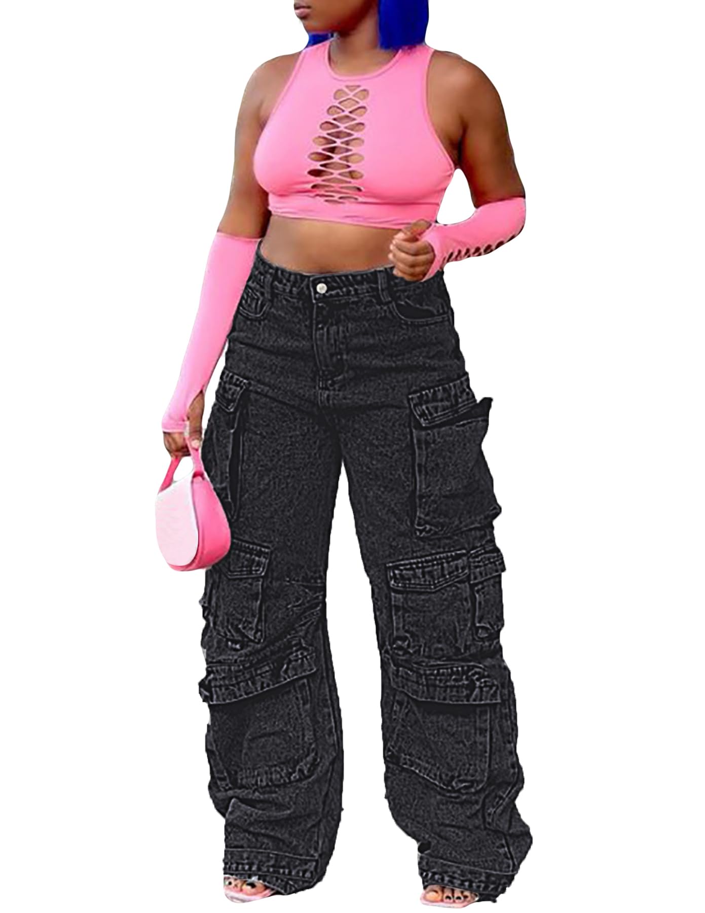 LKOUS Women's Y2K Baggy Straight Wide Leg Cargo Jeans, Streetwear High Waisted Denim Pant Grey