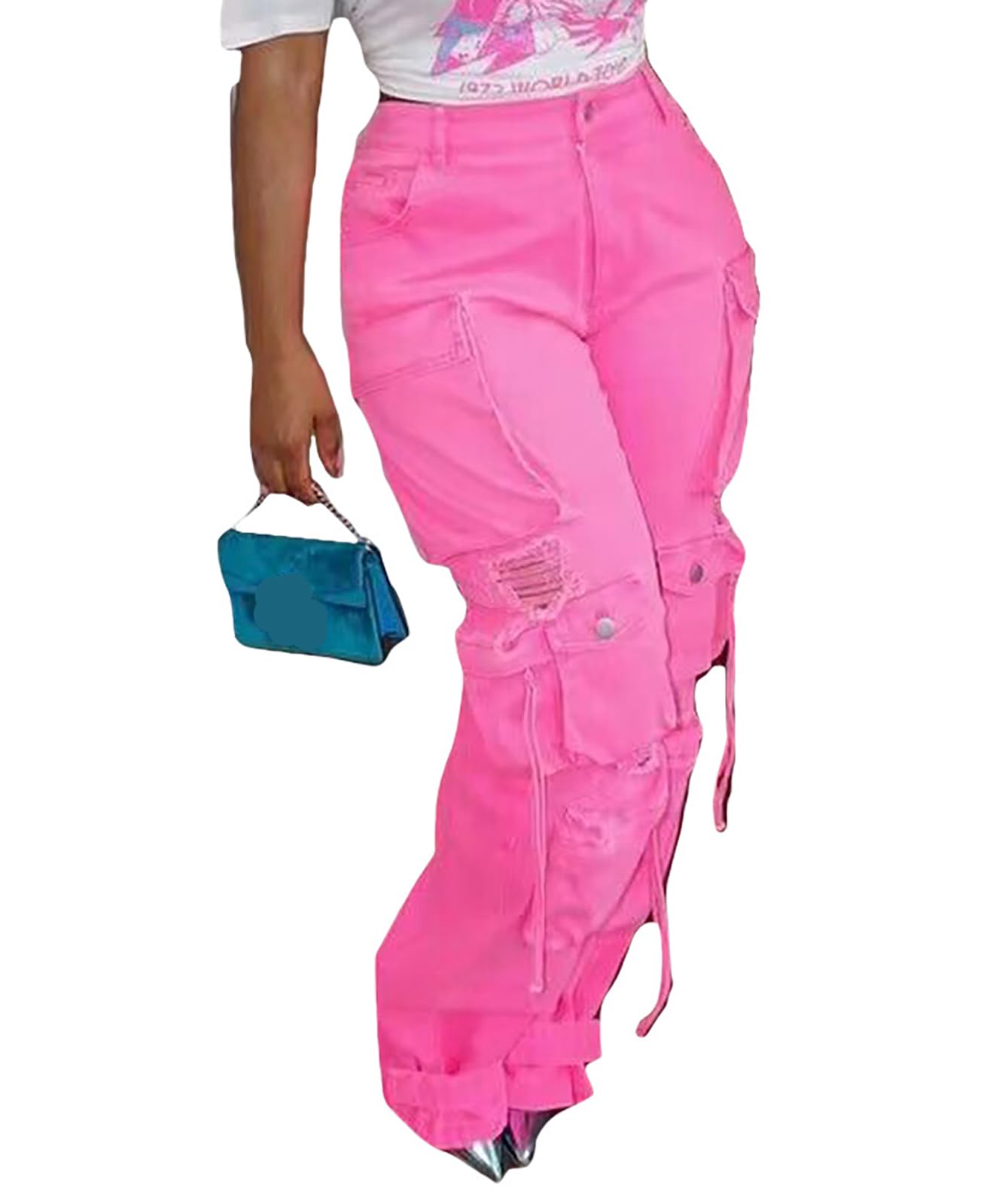 LKOUS Women's Y2K Baggy Straight Wide Leg Cargo Jeans, Streetwear High Waisted Denim Pant Grey