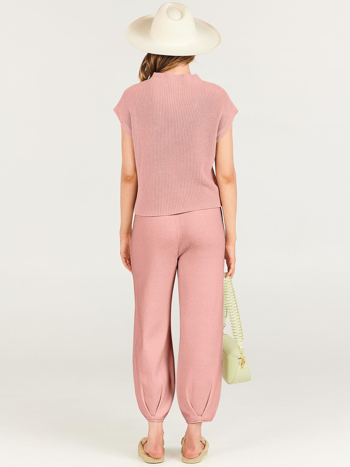 ANRABESS Women's Two Piece Outfits Knit Sweater Vest Crop Top Pants Lounge Matching Tracksuit Sweatsuit Travel Clothes Sets Pink X-Small