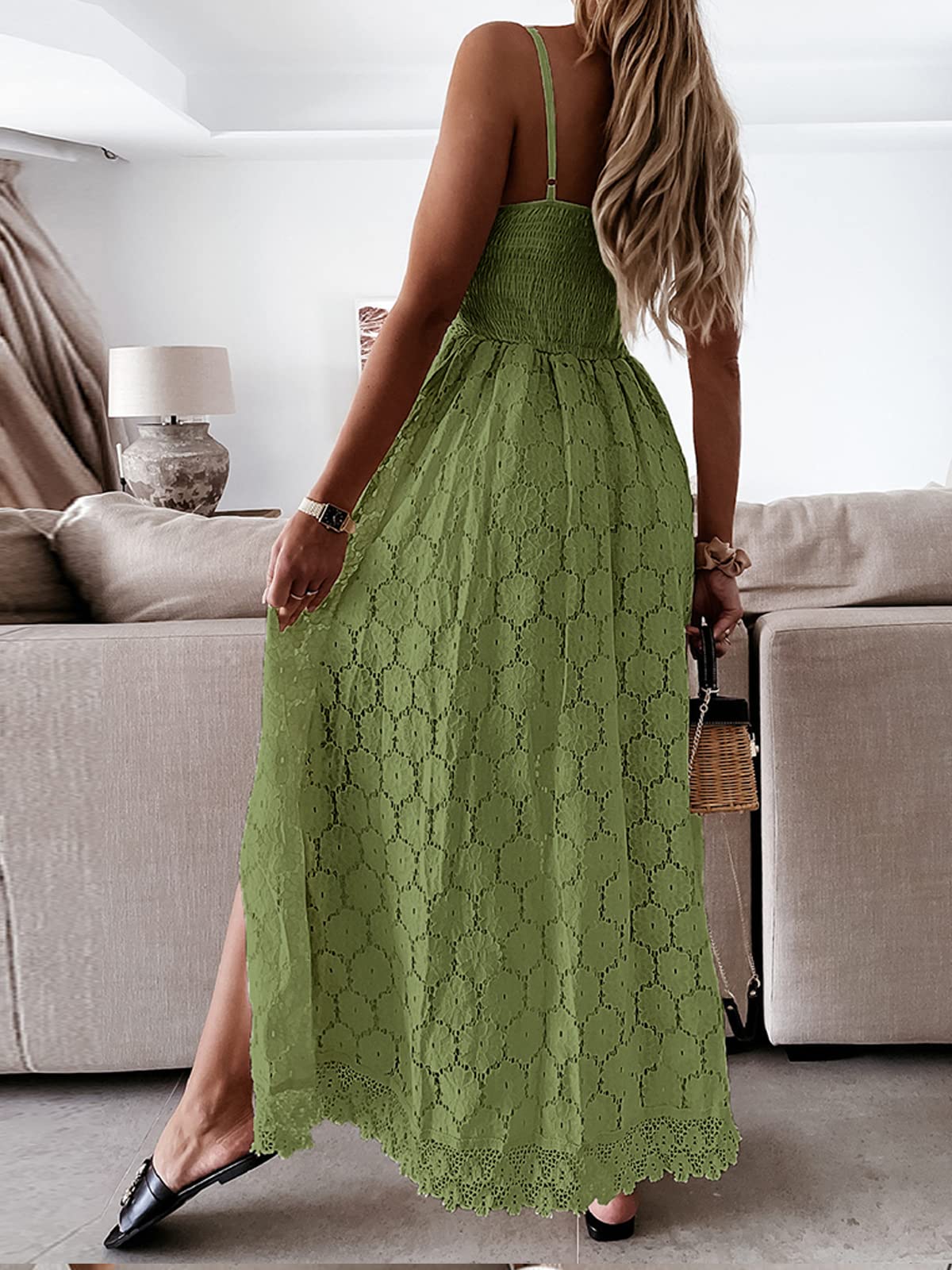 CUPSHE Women's Summer Women Slip Ruching Smocking Jumpsuit Dress V Neck Speghetti Straps Backless Maxi High Low