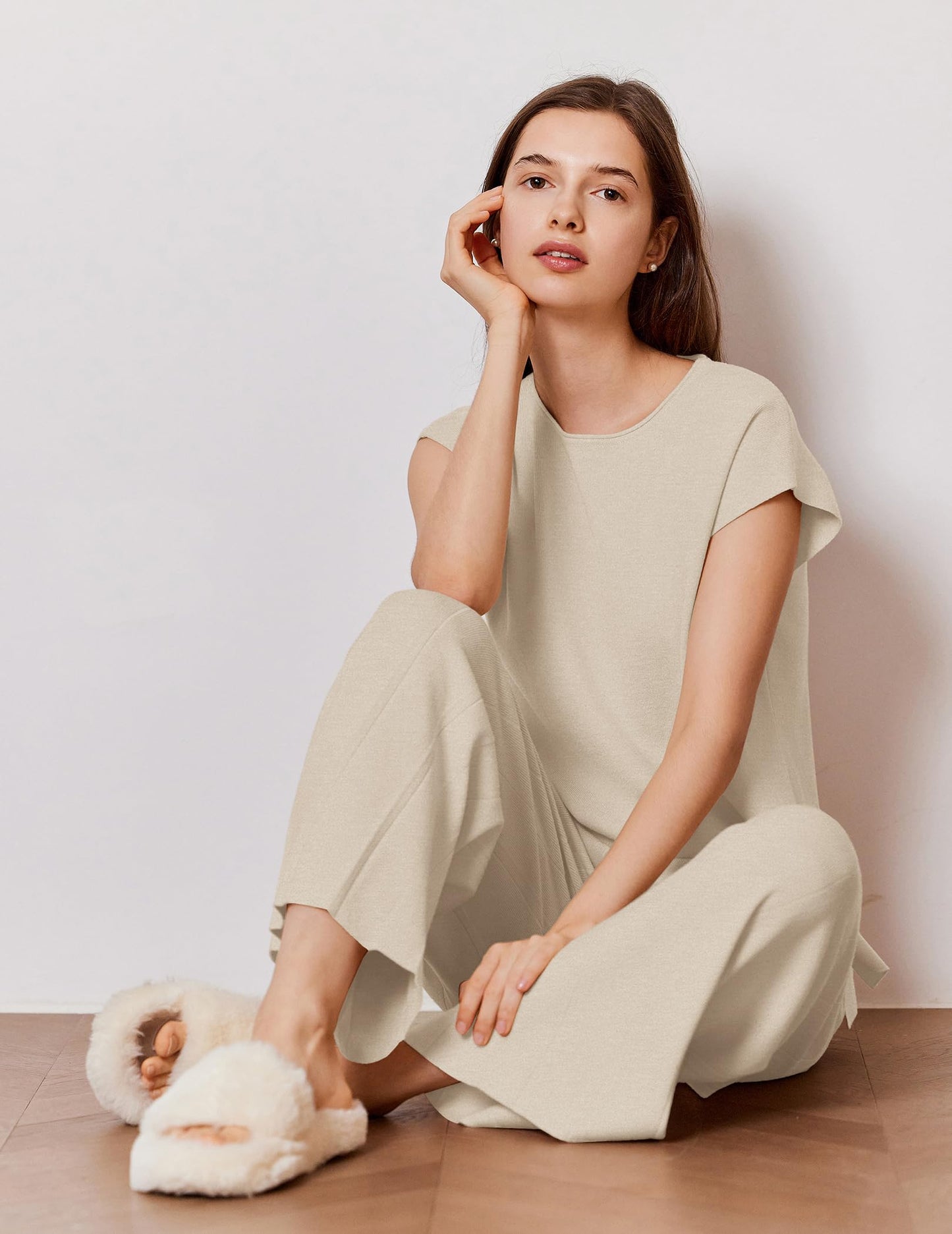 Ekouaer Lounge Sets for Women Two Piece Outfits Knit Cap Sleeve Tops Wide Leg Pleated Pants Casual Dressy Sweater Sets Beige