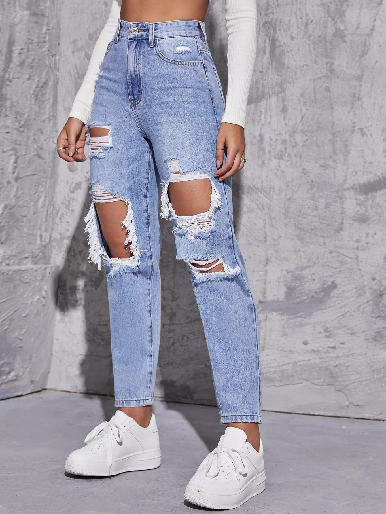 Floerns Women's High Waist Boyfriend Straight Leg Ripped Jeans Distressed Denim Pants Light Blue Large
