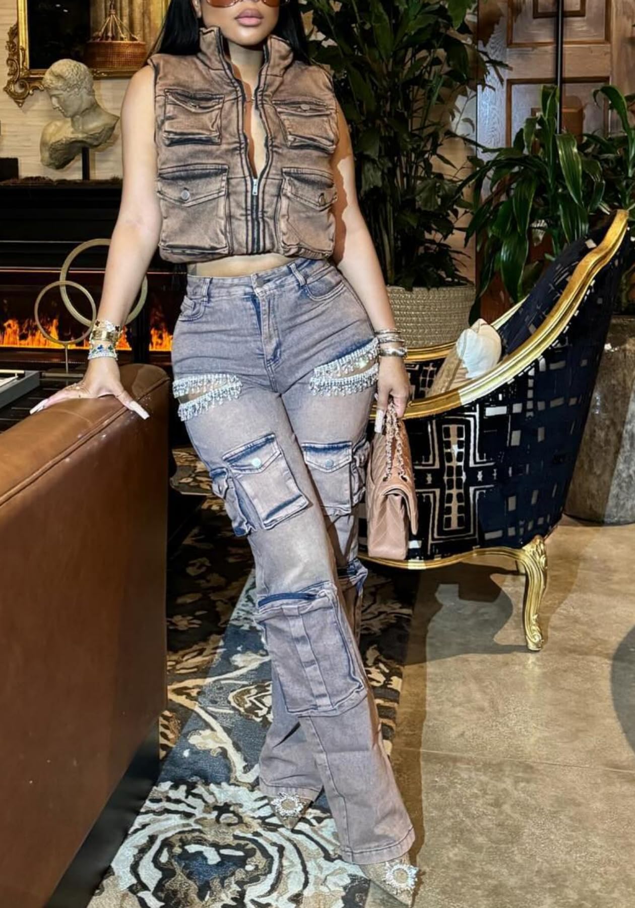 Unybwonn Sexy Pearl Sparkly Jeans for Women Cutout Bedazzled Elastic Baggy Cargo Denim Pants with Flap Pockets Blue