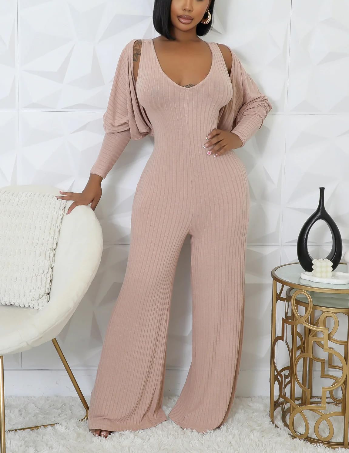 Vakkest Sexy Ribbed Knitted 2 Piece Jumpsuit Outfits for Women Long Sleeve Crop Cardigan Sweater Wide Leg Tank Romper Set