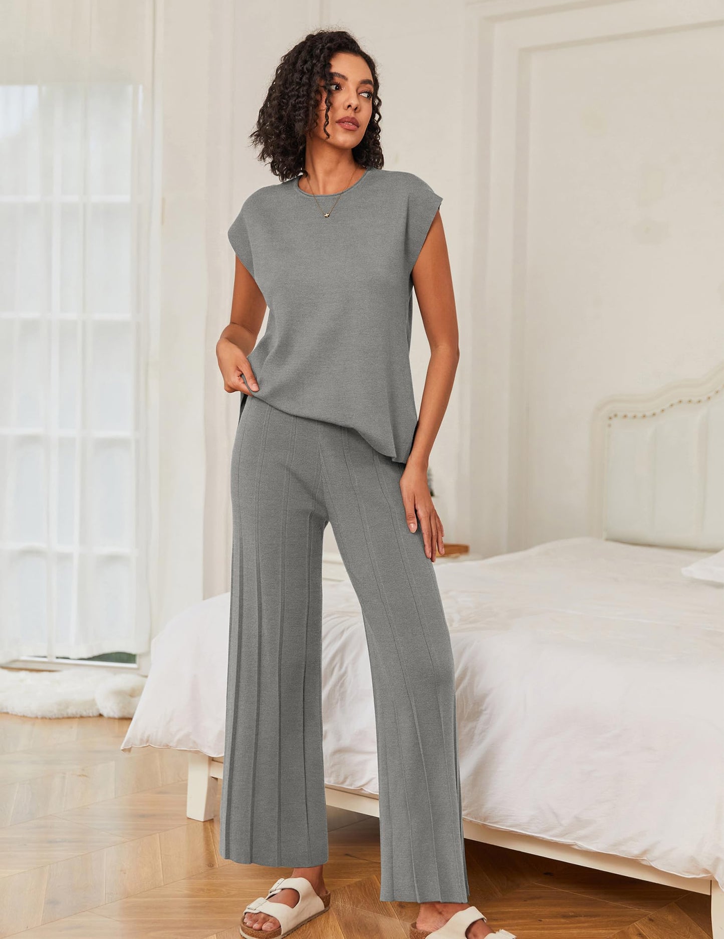Ekouaer Lounge Sets for Women Two Piece Outfits Knit Cap Sleeve Tops Wide Leg Pleated Pants Casual Dressy Sweater Sets Beige
