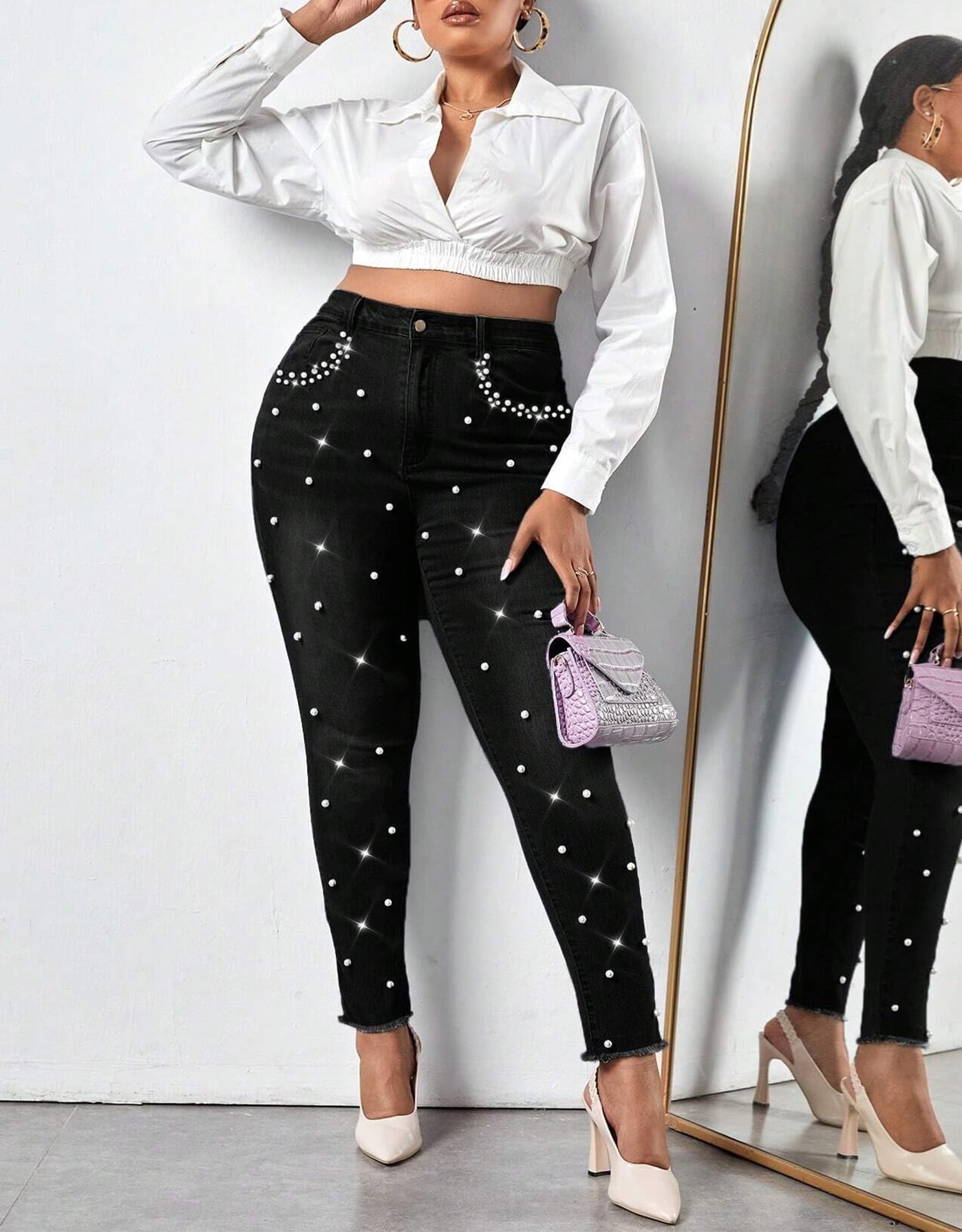 Cyparel Women's Rhinestone Jeans High Waist Pearls Beaded Fringe Tassels Frayed Butt Lifting Stretch Skinny Denim Pants Light Blue