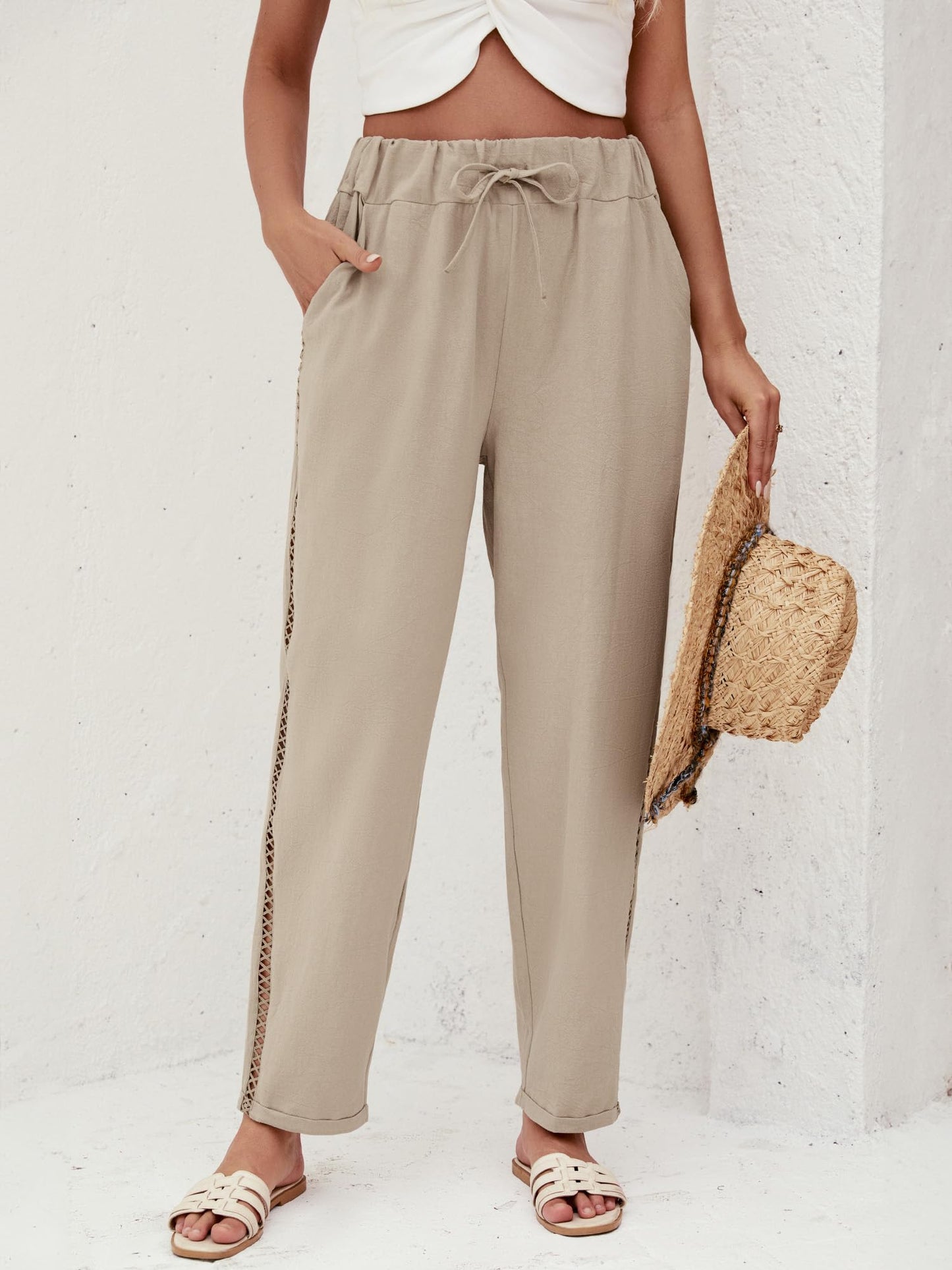 Puimentiua Women's Linen Capri Pants with Drawstring Petite Summer Beachwear Lightweight Elastic Waist Pants, Light Khaki, L