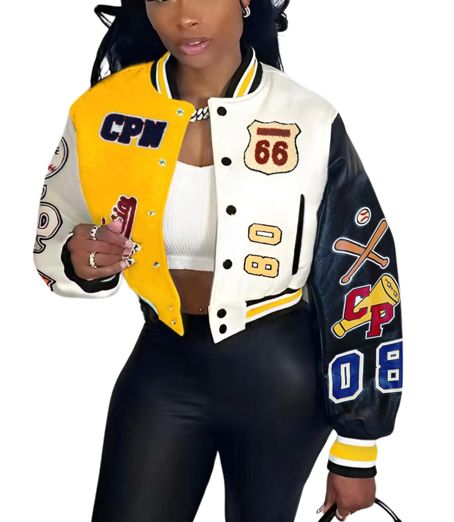 Glitrandi Varsity Jacket for Women Jacket with Patches Cropped Bomber Leather Jacket Woman Winter Spring 2025 S-XXL