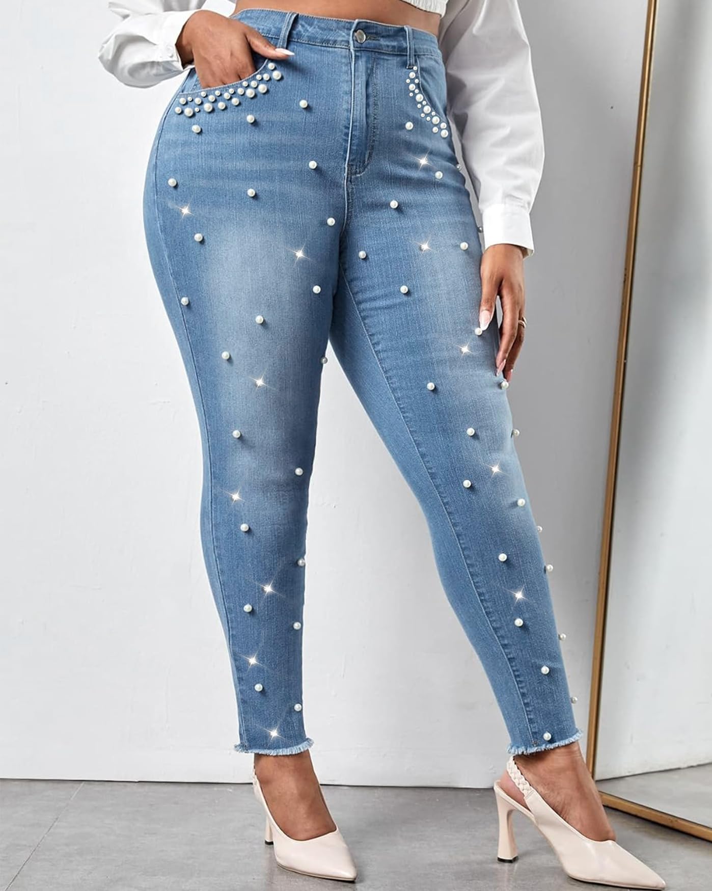 Cyparel Women's Rhinestone Jeans High Waist Pearls Beaded Fringe Tassels Frayed Butt Lifting Stretch Skinny Denim Pants Light Blue