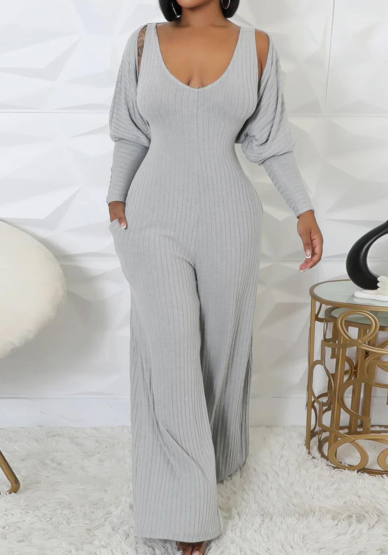 Vakkest Sexy Ribbed Knitted 2 Piece Jumpsuit Outfits for Women Long Sleeve Crop Cardigan Sweater Wide Leg Tank Romper Set