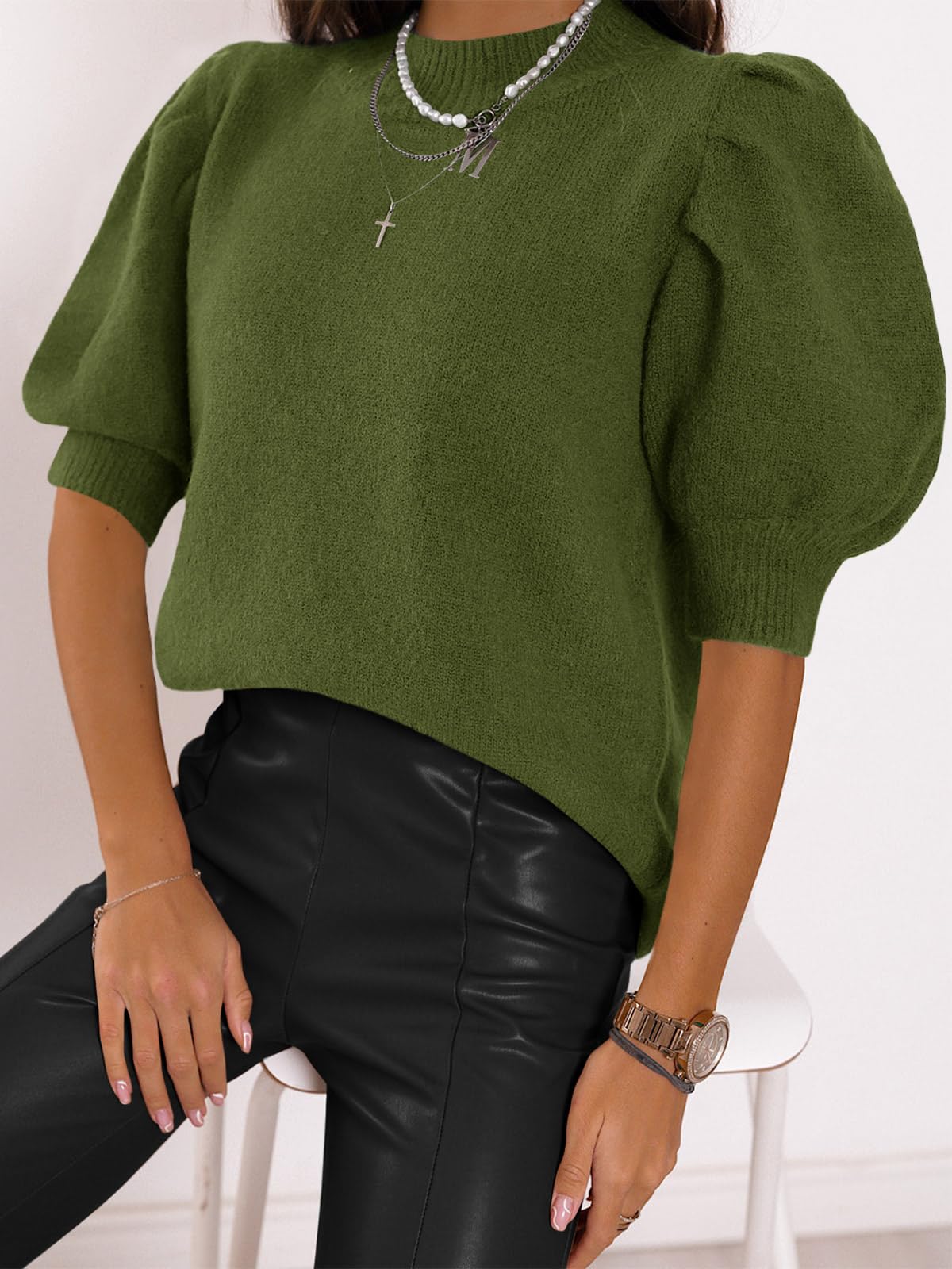 Women's Puff Short Sleeve Sweater Tops 2025 Spring Summer Trendy Crew Neck Casual T Shirts Blouses Beige