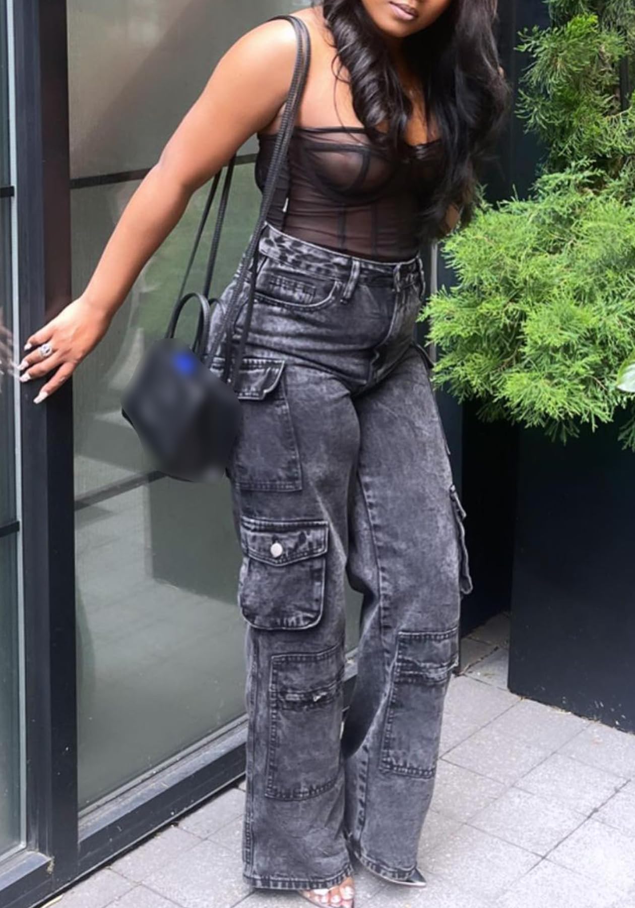 LKOUS Women's Y2K Baggy Straight Wide Leg Cargo Jeans, Streetwear High Waisted Denim Pant Grey
