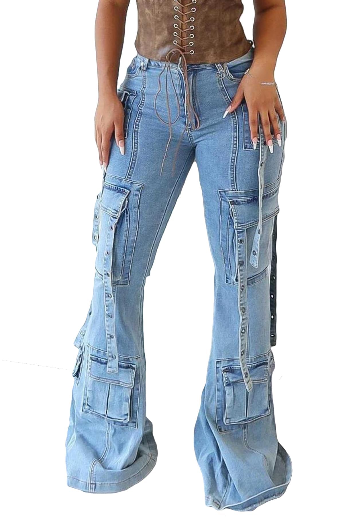 Vakkest Sexy High Waisted Skinny Jeans for Women Bodycon Crossover Stretchy Denim Cargo Pants Streetwear with Pockets