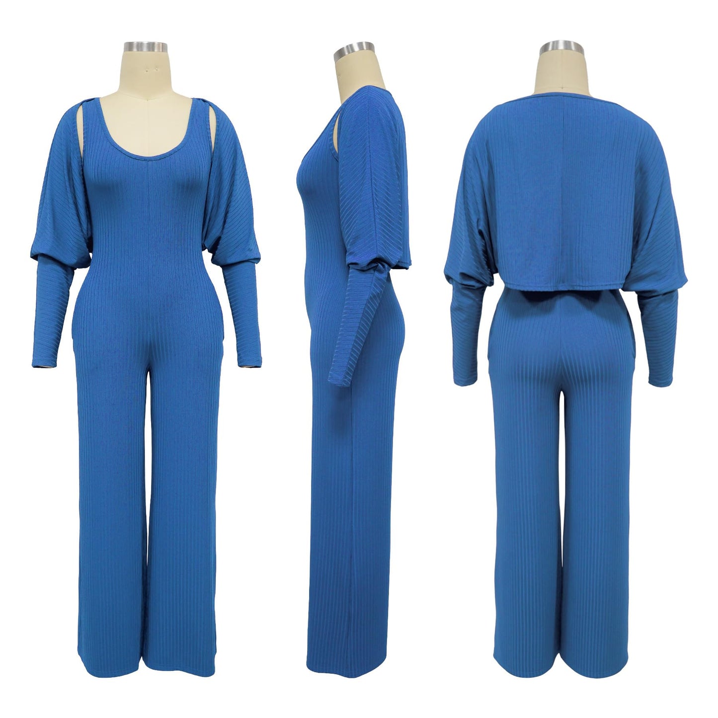 Vakkest Sexy Ribbed Knitted 2 Piece Jumpsuit Outfits for Women Long Sleeve Crop Cardigan Sweater Wide Leg Tank Romper Set