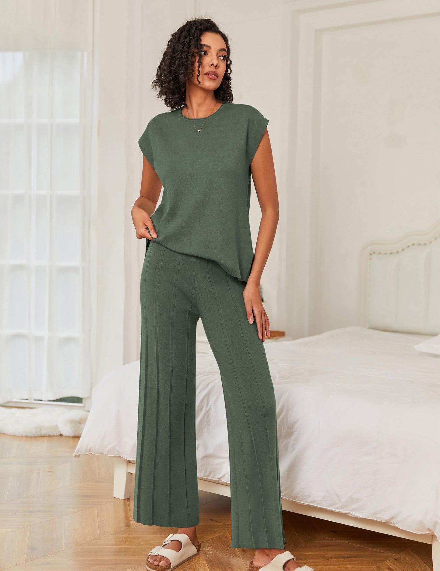 Ekouaer Lounge Sets for Women Two Piece Outfits Knit Cap Sleeve Tops Wide Leg Pleated Pants Casual Dressy Sweater Sets Beige