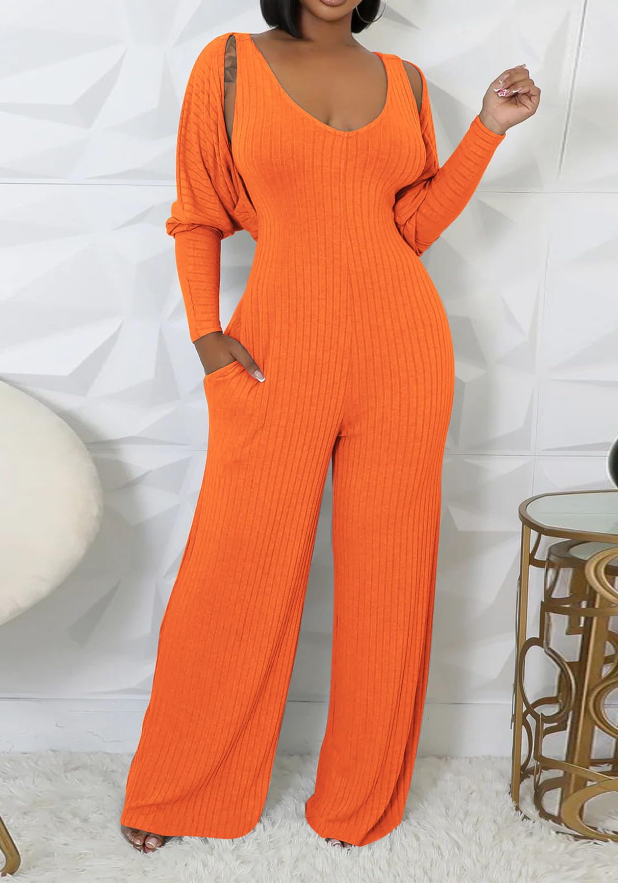 Vakkest Sexy Ribbed Knitted 2 Piece Jumpsuit Outfits for Women Long Sleeve Crop Cardigan Sweater Wide Leg Tank Romper Set