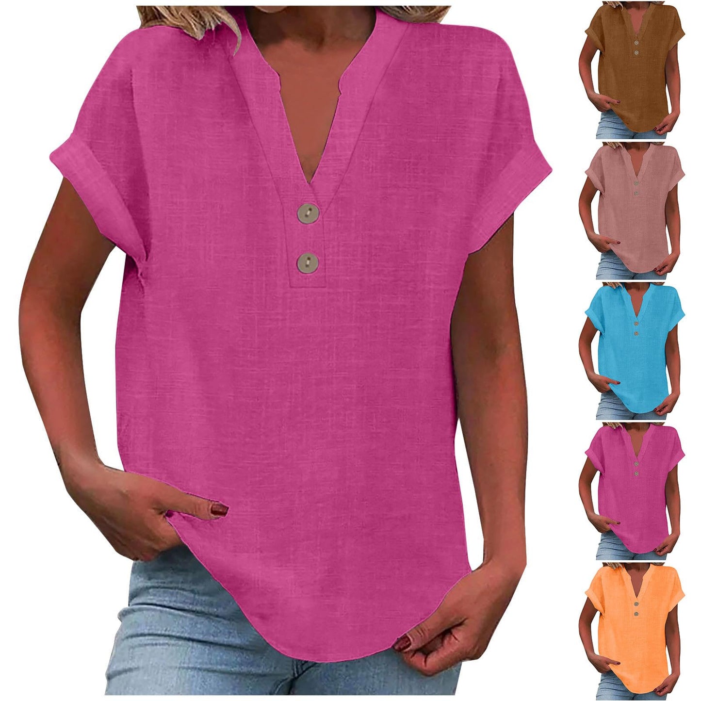 Big Spring Deals Summer Tops for Women 2025 Trendy Short Sleeve Cotton Linen Shirt Casual Button v Neck Tunic Blouses Outfits White Travel Shirts for Women M