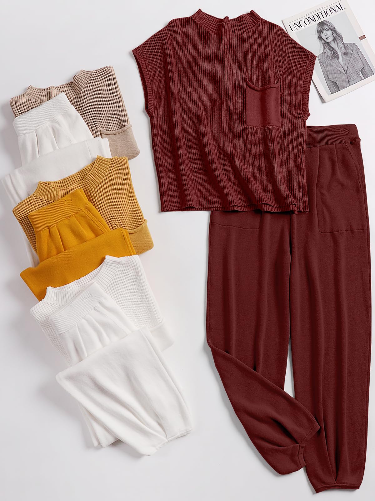 ANRABESS Women's Two Piece Outfits Knit Sweater Vest Crop Top Pants Lounge Matching Tracksuit Sweatsuit Travel Clothes Sets Pink X-Small