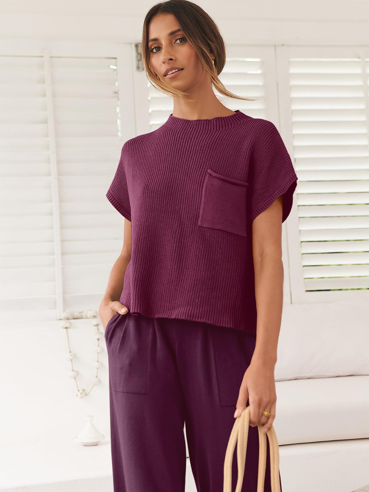 ANRABESS Women's Two Piece Outfits Knit Sweater Vest Crop Top Pants Lounge Matching Tracksuit Sweatsuit Travel Clothes Sets Pink X-Small