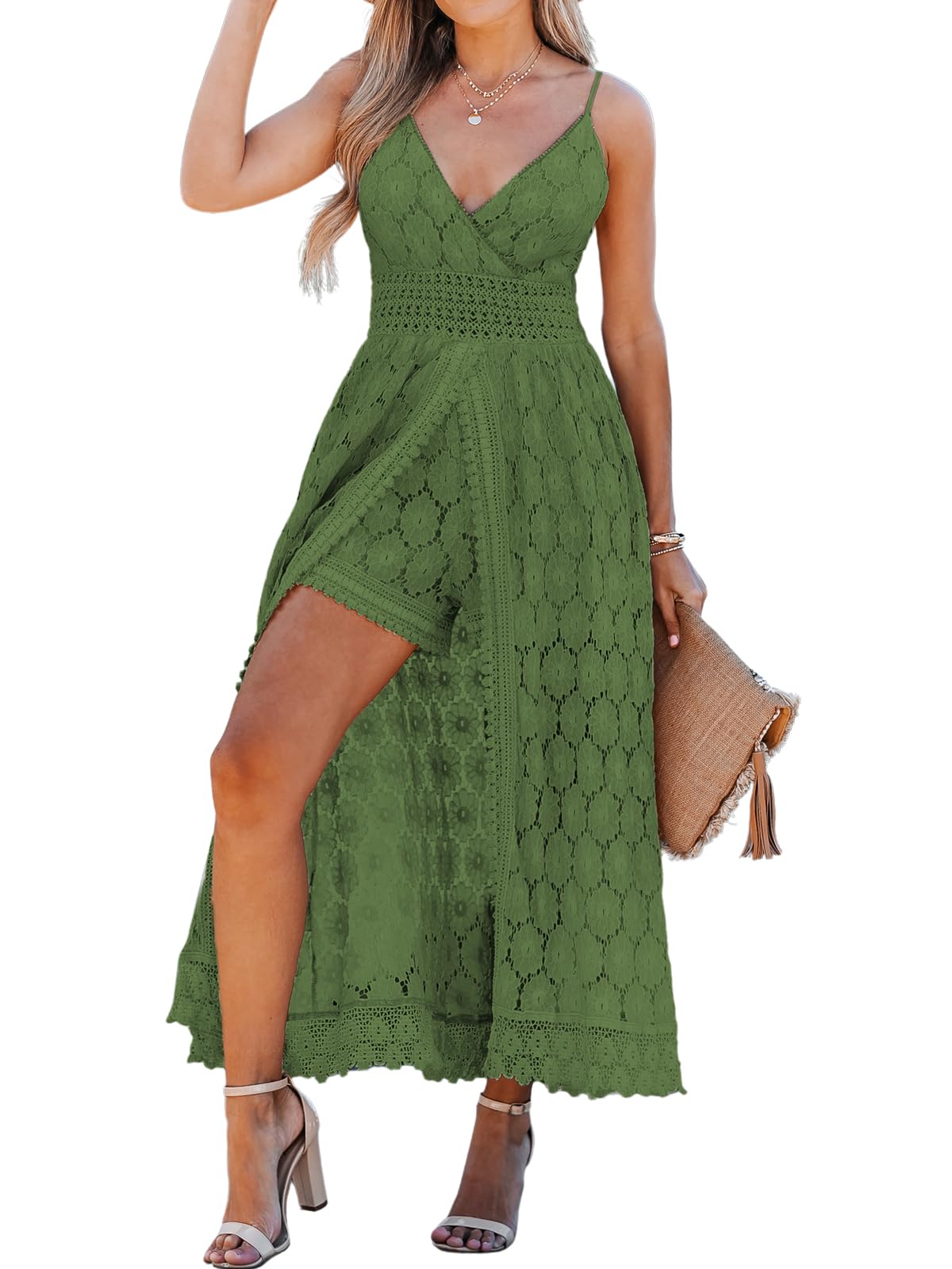 CUPSHE Women's Summer Women Slip Ruching Smocking Jumpsuit Dress V Neck Speghetti Straps Backless Maxi High Low