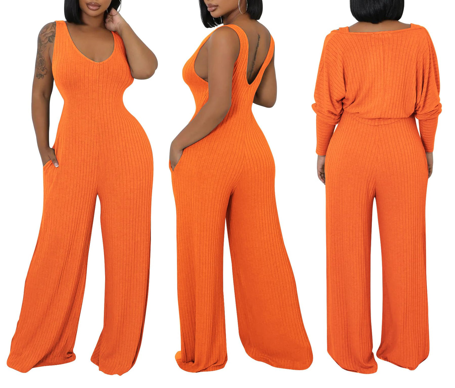 Vakkest Sexy Ribbed Knitted 2 Piece Jumpsuit Outfits for Women Long Sleeve Crop Cardigan Sweater Wide Leg Tank Romper Set