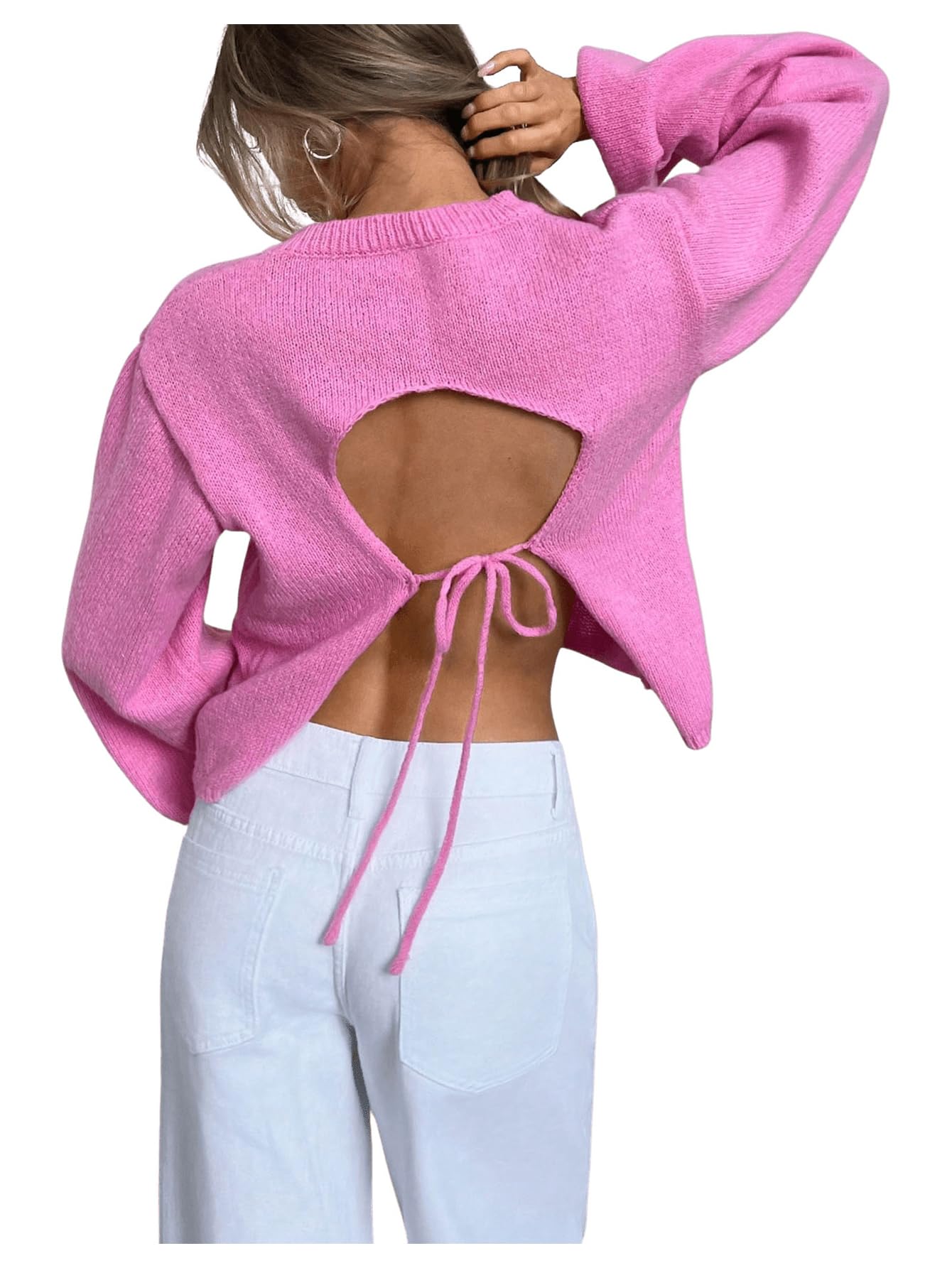 GORGLITTER Women's Bow Open Back Sweater Top Trendy Long Sleeve Backless Drop Shoulder Mock Neck Cable Knit Sweaters Beige Large
