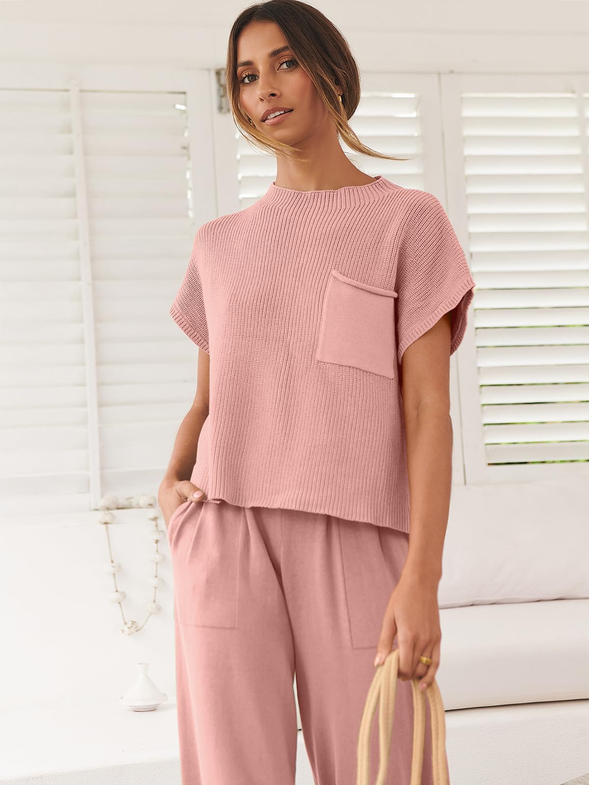 ANRABESS Women's Two Piece Outfits Knit Sweater Vest Crop Top Pants Lounge Matching Tracksuit Sweatsuit Travel Clothes Sets Pink X-Small