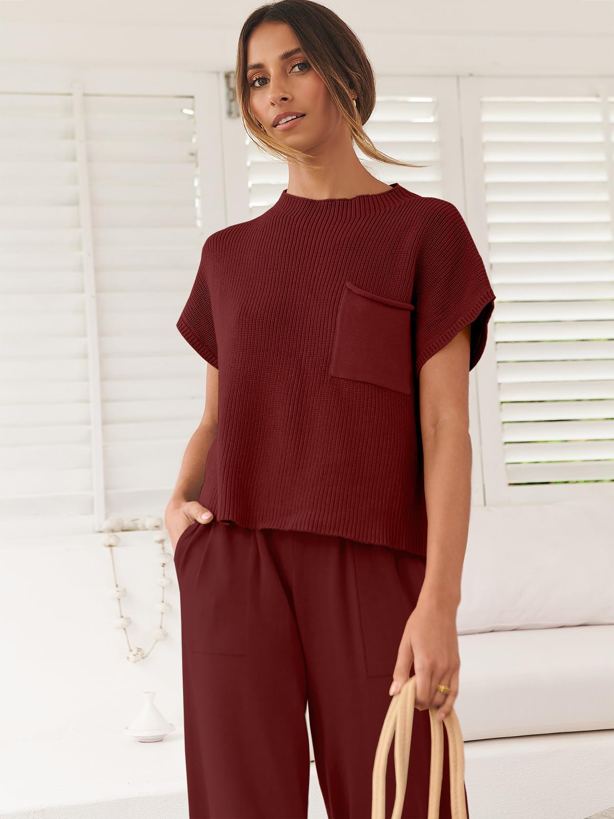 ANRABESS Women's Two Piece Outfits Knit Sweater Vest Crop Top Pants Lounge Matching Tracksuit Sweatsuit Travel Clothes Sets Pink X-Small
