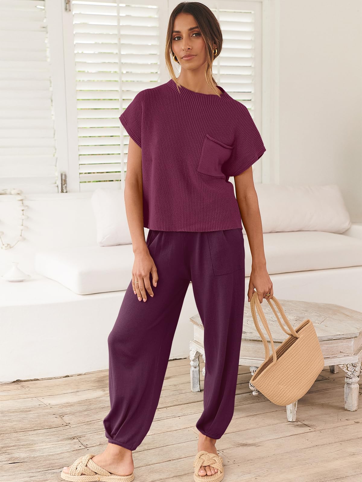 ANRABESS Women's Two Piece Outfits Knit Sweater Vest Crop Top Pants Lounge Matching Tracksuit Sweatsuit Travel Clothes Sets Pink X-Small