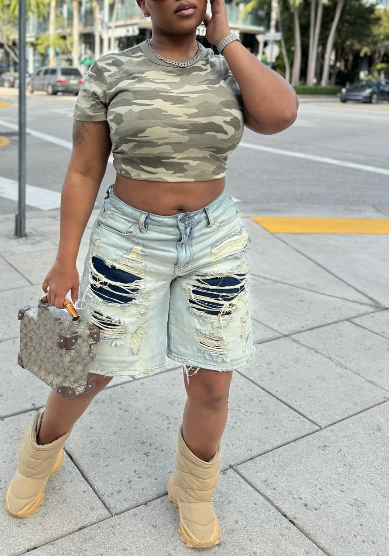 Women's Jean Shorts Distressed High Waist Straight Leg Denim Shorts Casual Cargo Jean Shorts with Pockets