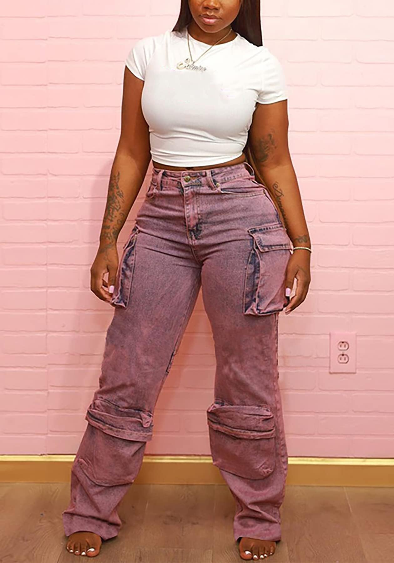 Women's Cargo Pants Y2K High Waist Baggy Jeans Flap Pocket Straight Leg Denim Pants Streetwear
