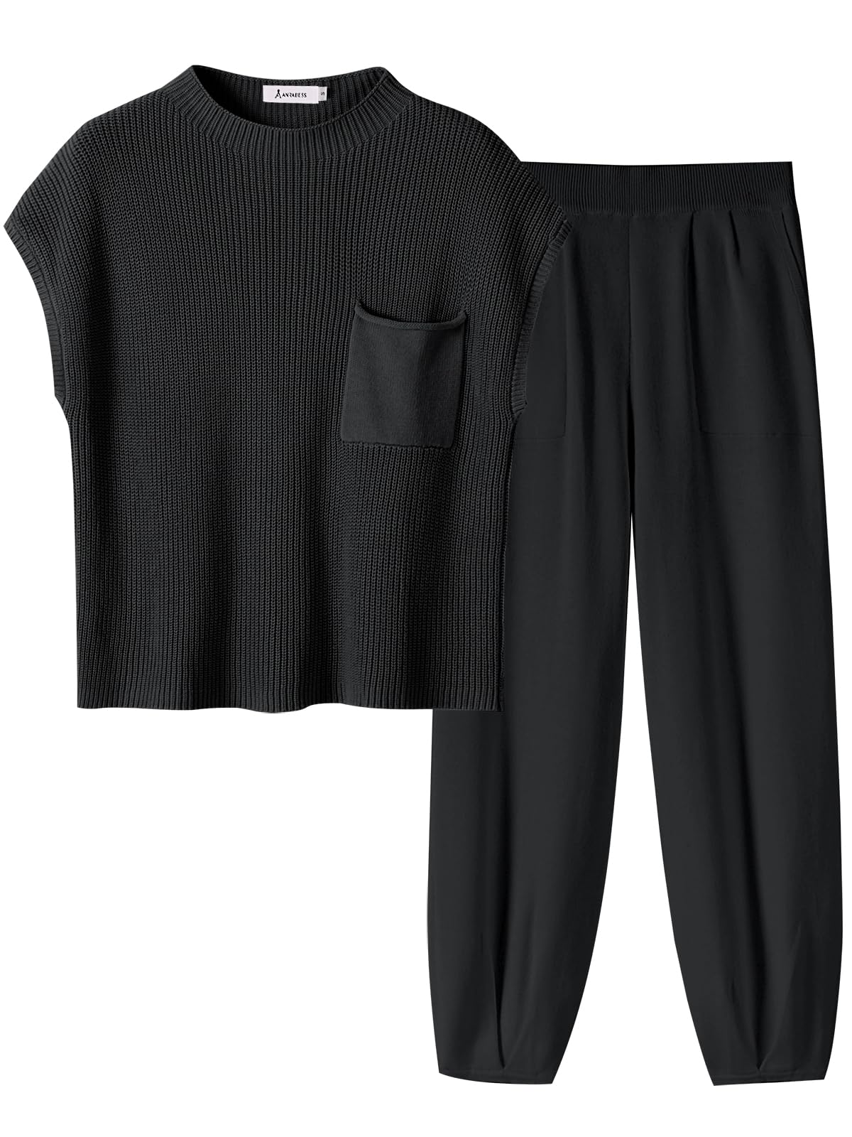 ANRABESS Women's Two Piece Outfits Knit Sweater Vest Crop Top Pants Lounge Matching Tracksuit Sweatsuit Travel Clothes Sets Pink X-Small
