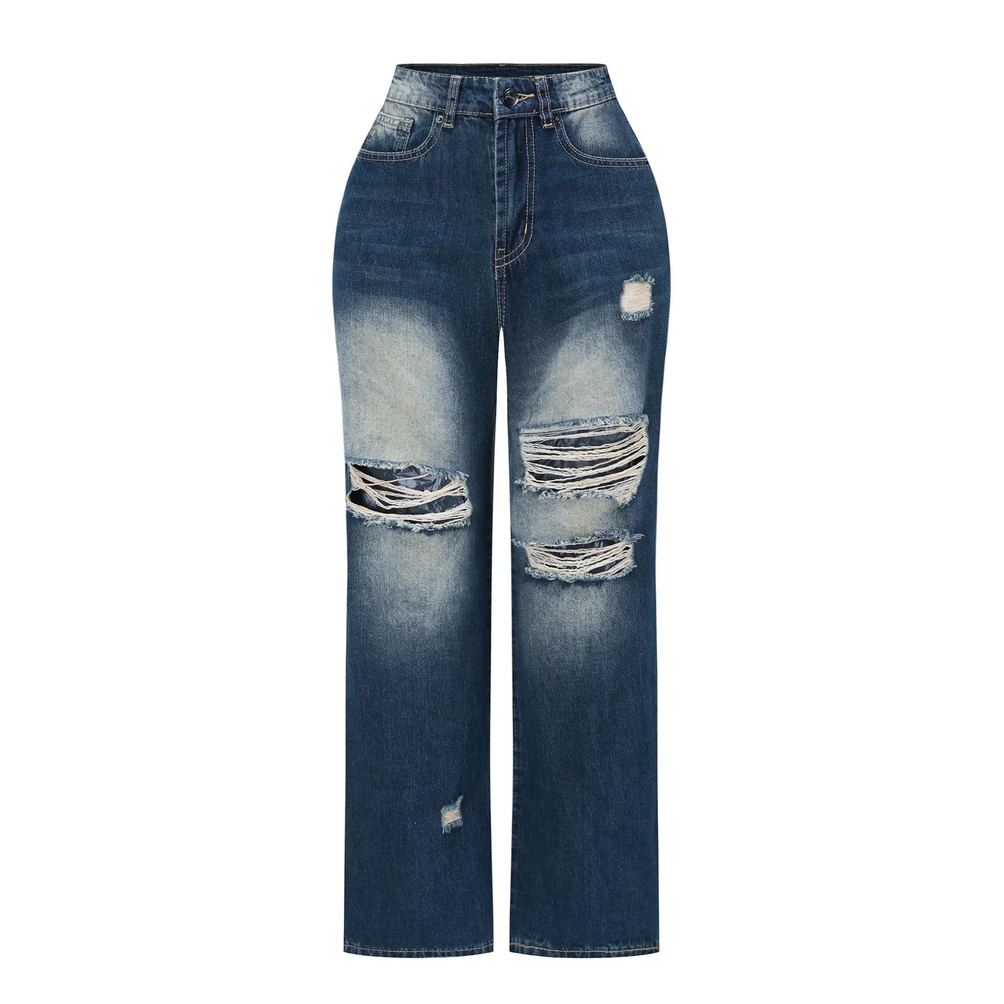 THUNDER STAR Womens High Waisted Wide Leg Jeans Stretchy Distressed Denim Pants Light Blue XXL