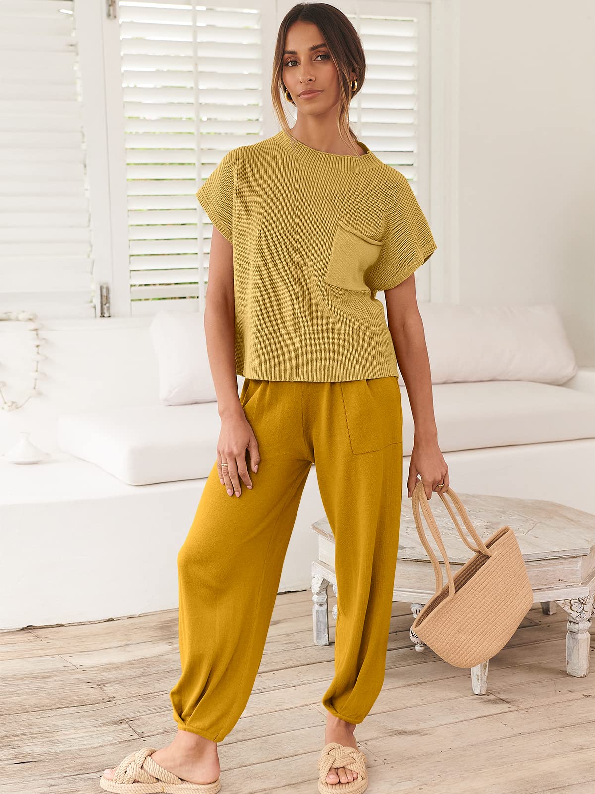 ANRABESS Women's Two Piece Outfits Knit Sweater Vest Crop Top Pants Lounge Matching Tracksuit Sweatsuit Travel Clothes Sets Pink X-Small