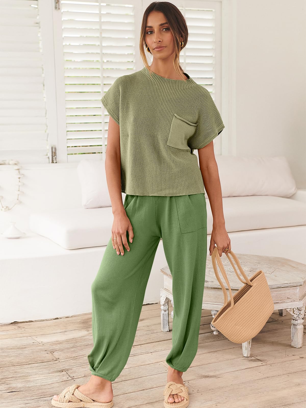 ANRABESS Women's Two Piece Outfits Knit Sweater Vest Crop Top Pants Lounge Matching Tracksuit Sweatsuit Travel Clothes Sets Pink X-Small