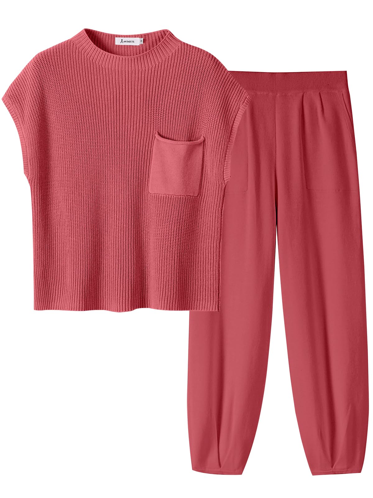 ANRABESS Women's Two Piece Outfits Knit Sweater Vest Crop Top Pants Lounge Matching Tracksuit Sweatsuit Travel Clothes Sets Pink X-Small