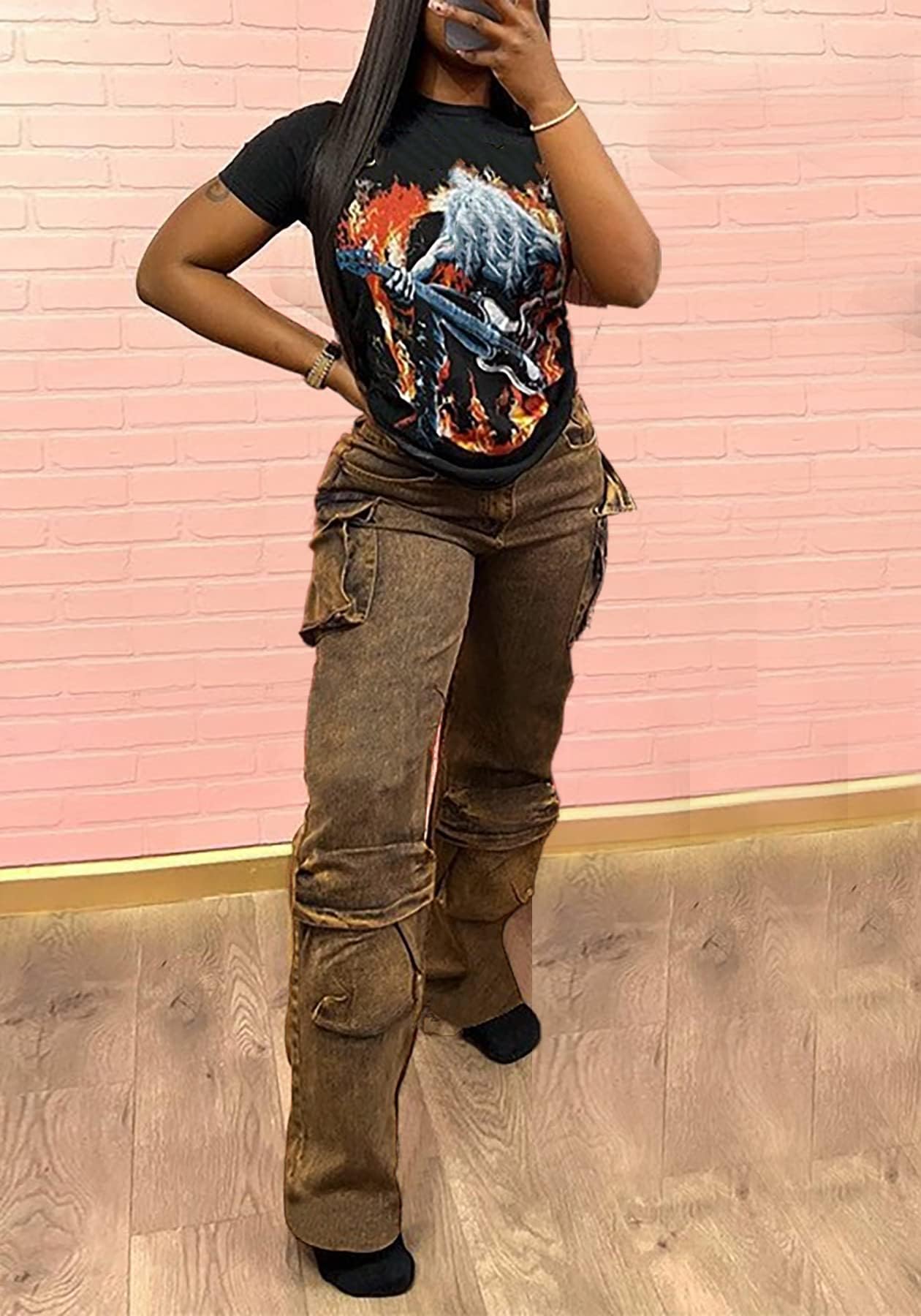 Women's Cargo Pants Y2K High Waist Baggy Jeans Flap Pocket Straight Leg Denim Pants Streetwear