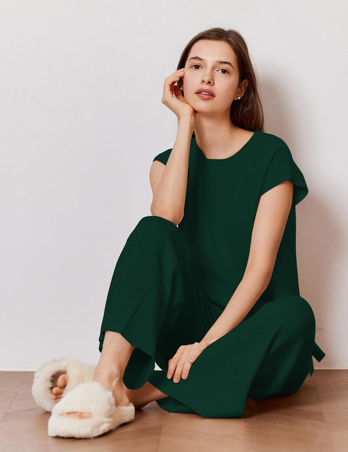 Ekouaer Lounge Sets for Women Two Piece Outfits Knit Cap Sleeve Tops Wide Leg Pleated Pants Casual Dressy Sweater Sets Beige