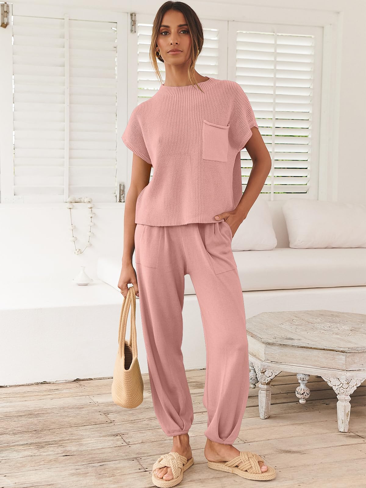 ANRABESS Women's Two Piece Outfits Knit Sweater Vest Crop Top Pants Lounge Matching Tracksuit Sweatsuit Travel Clothes Sets Pink X-Small