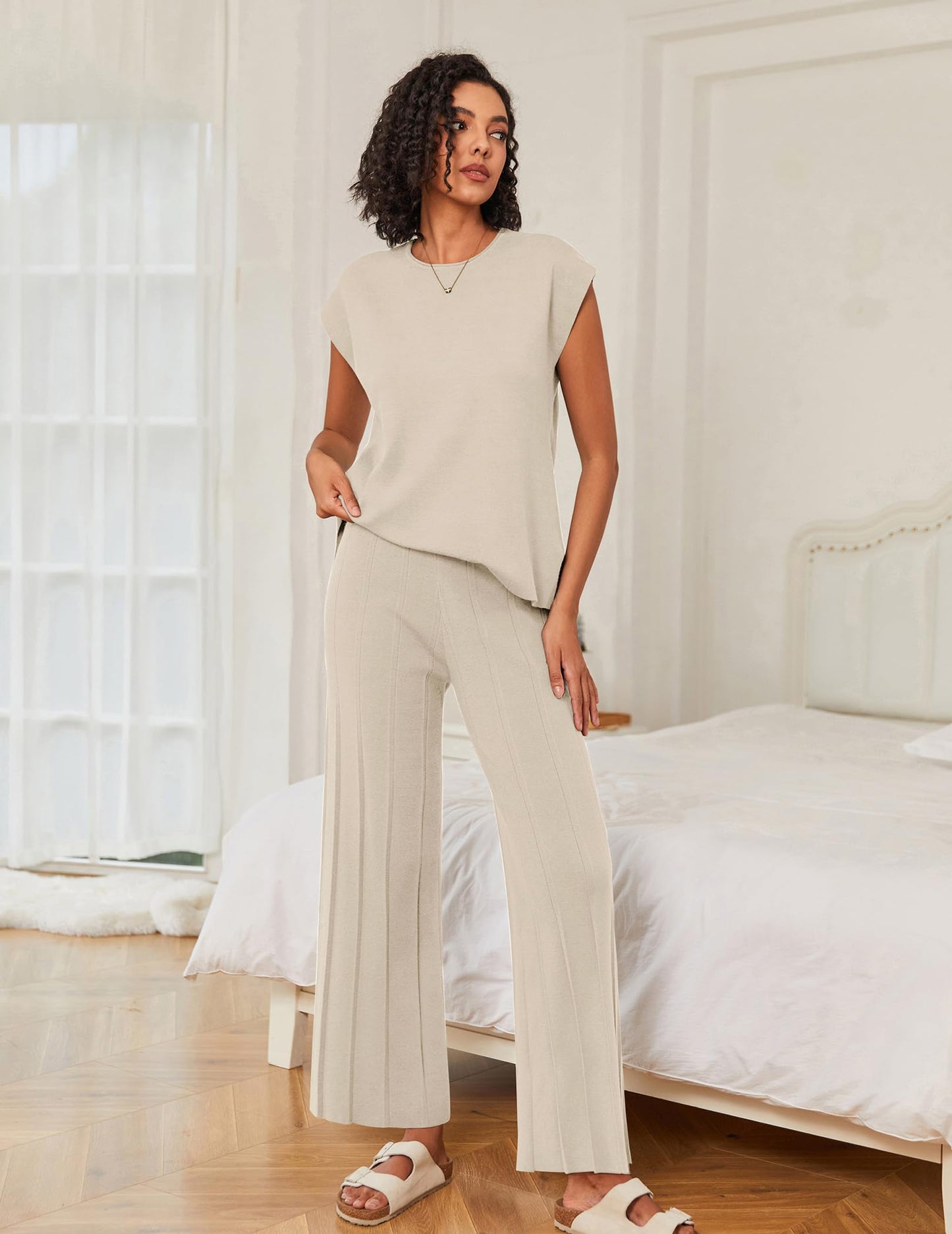 Ekouaer Lounge Sets for Women Two Piece Outfits Knit Cap Sleeve Tops Wide Leg Pleated Pants Casual Dressy Sweater Sets Beige