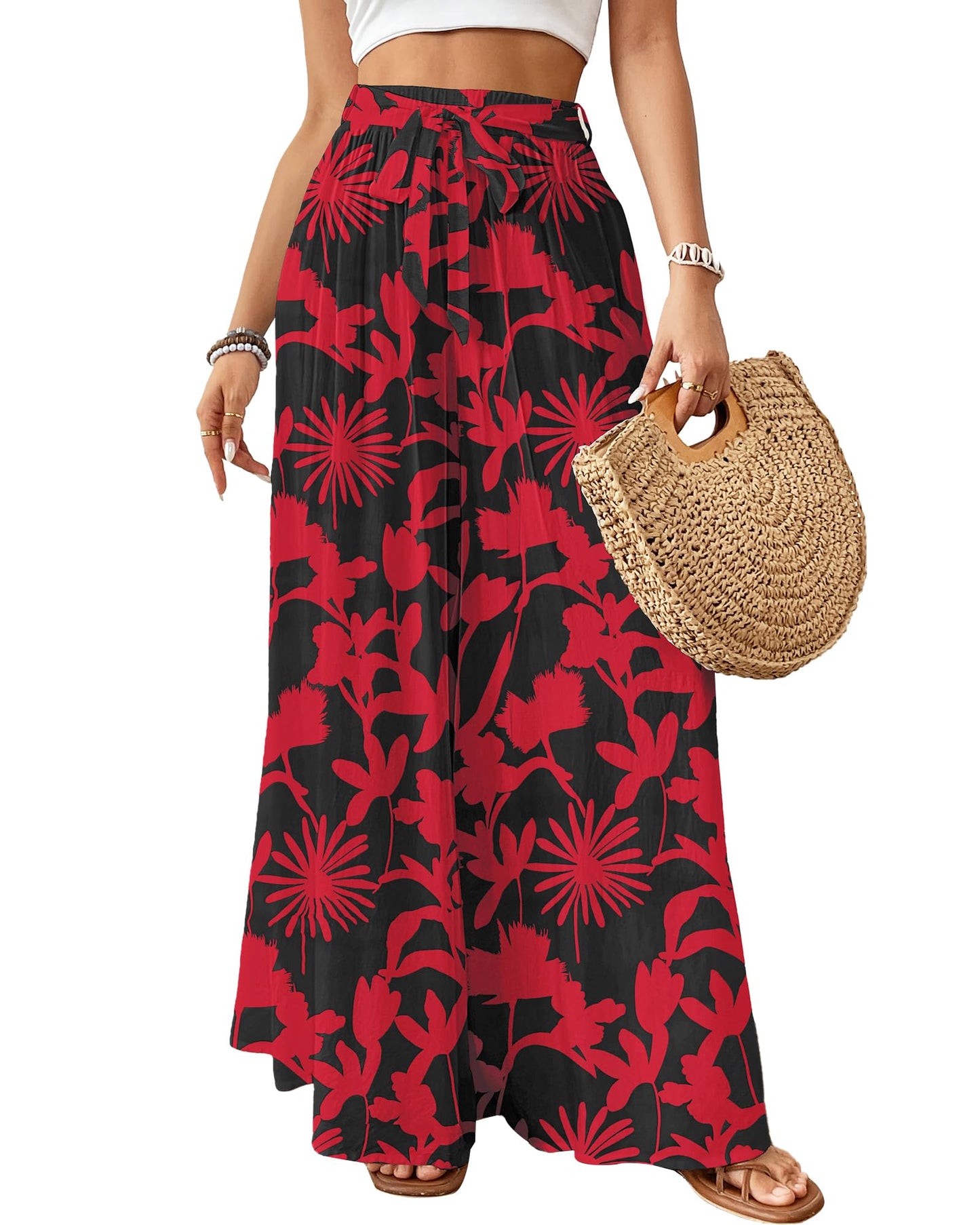 Bsubseach Wide Leg Pants Woman Flowy Floral Palazzo Pants for Women High Waisted Summer Casual Trousers Cruise Outfits Dark Green XS