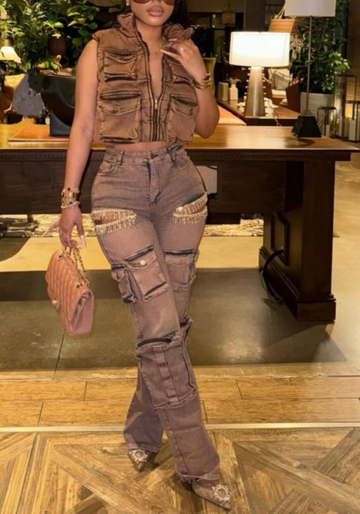 Unybwonn Sexy Pearl Sparkly Jeans for Women Cutout Bedazzled Elastic Baggy Cargo Denim Pants with Flap Pockets Blue