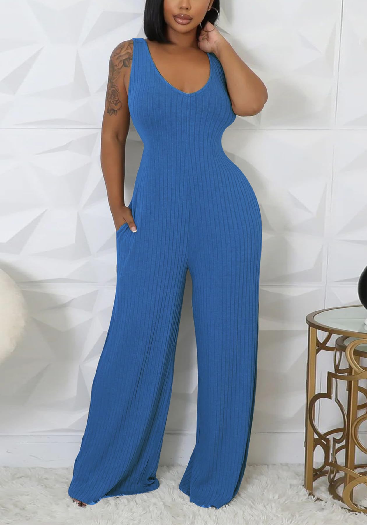 Vakkest Sexy Ribbed Knitted 2 Piece Jumpsuit Outfits for Women Long Sleeve Crop Cardigan Sweater Wide Leg Tank Romper Set