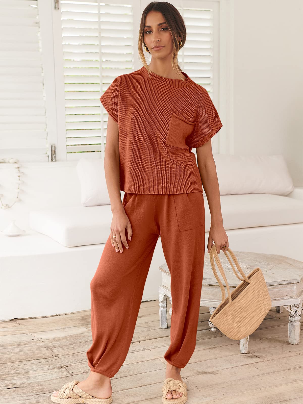 ANRABESS Women's Two Piece Outfits Knit Sweater Vest Crop Top Pants Lounge Matching Tracksuit Sweatsuit Travel Clothes Sets Pink X-Small
