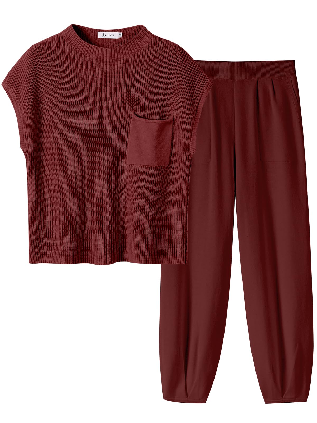 ANRABESS Women's Two Piece Outfits Knit Sweater Vest Crop Top Pants Lounge Matching Tracksuit Sweatsuit Travel Clothes Sets Pink X-Small