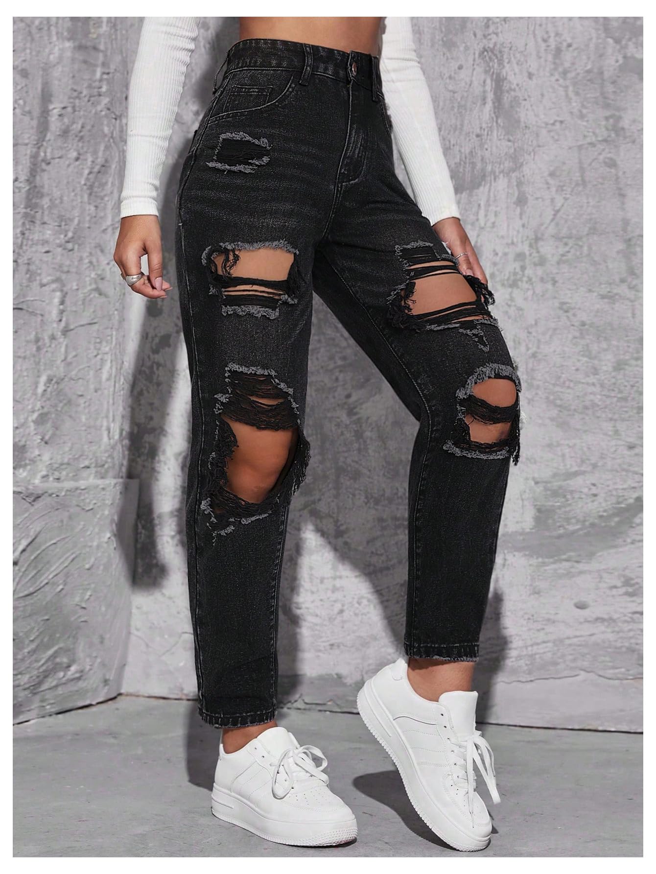 Floerns Women's High Waist Boyfriend Straight Leg Ripped Jeans Distressed Denim Pants Light Blue Large